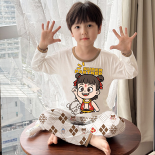 男童夏季薄款新款长袖竹纤维柔软透气哪吒敖丙儿童睡衣套装哪咤