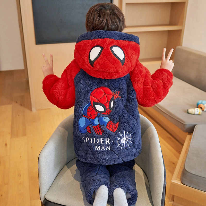 冬季儿童睡衣男童珊瑚绒三层夹棉加绒加厚款男孩宝宝法兰绒家居服