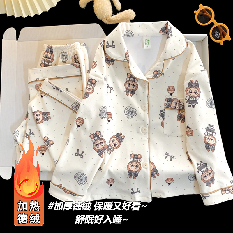 儿童睡衣女童秋冬季加厚德绒打底2025新款小女孩中大童家居服套装