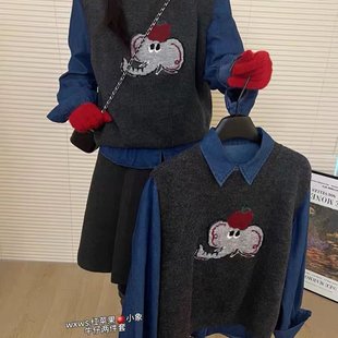 韩版 宽松百搭复古慵懒休闲针织小象提花圆领套头叠穿马甲女