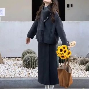 韩系搭配一整套冬装 女 灰色毛呢外套高级感小香风半身群两件套裙装