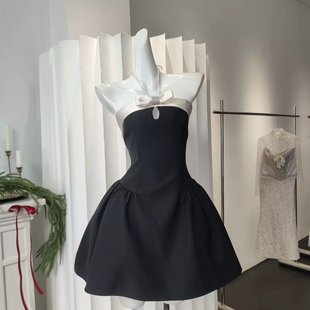 赫本风黑白撞色钻蝴蝶结挂脖连衣裙小礼裙 teano 明星同款 Ann