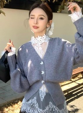 复古灰色毛衣外套女秋冬季新款法式气质v领宽松显瘦针织开衫上衣