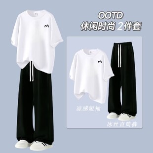 夏季冰丝套装男宽松五分袖学生韩版潮流半袖帅气百搭直筒长裤套装