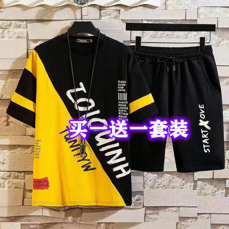 夏季短袖t恤男生套装初中学生休闲运动潮流男装青少年五分短裤男图片
