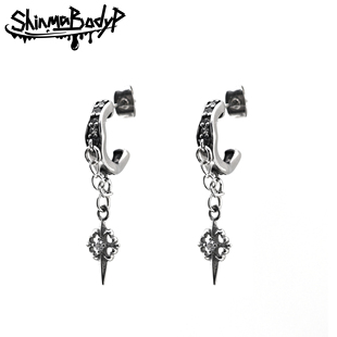 Shinma钛钢克罗十字镶钻挂坠链条雕刻耳钉0.8细杆做旧复古耳饰