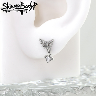 辣妹耳饰 Shinma钛钢镶钻蛛网蜘蛛挂坠耳钉耳骨钉0.8细杆亚比个性