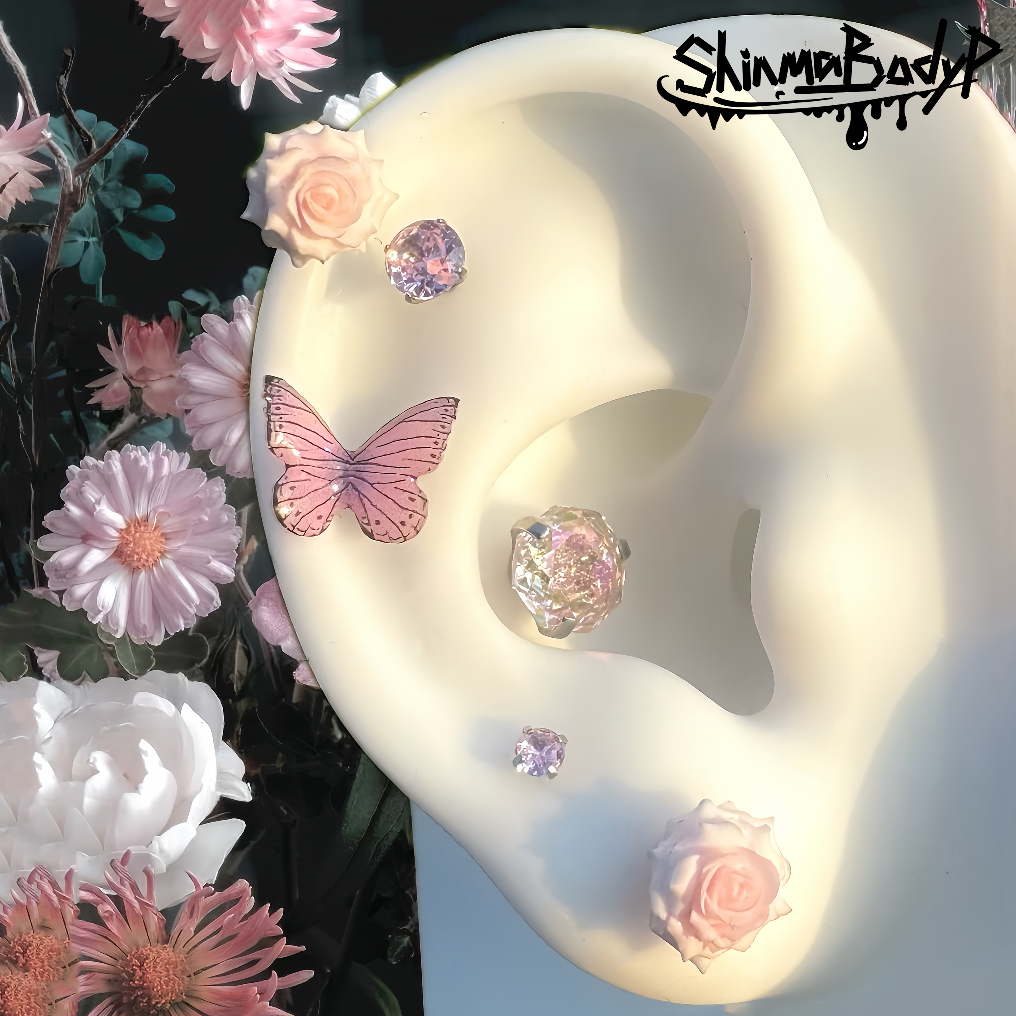 Shinma【蝶恋花语】耳钉耳轮钉耳骨钉少女仙气梦幻花朵蝴蝶玫瑰粉