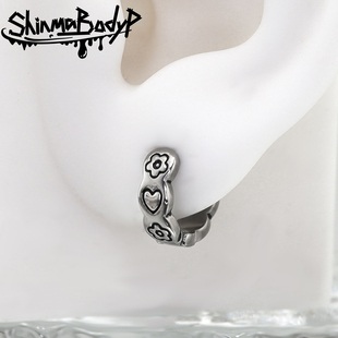 百搭耳扣不锈钢耳饰女生复古可爱 Shinma钛钢爱心小花耳圈简约个性