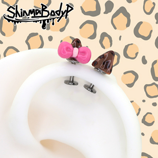 Shinma钛合金可爱kitty豹纹蝴蝶结猫耳耳骨钉耳轮钉超萌可爱少女