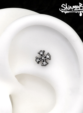 Shinma钛钢克罗镶钻十字架花边复古哥特朋克欧美耳钉耳骨钉