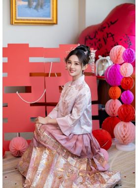出租满庭芳【喜流年】粉色马面裙套装女2024新中式国风订婚礼服裙
