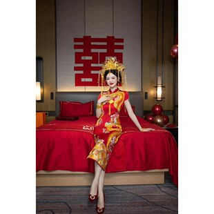 出租旗袍龙凤盘金刺绣旗袍2025新款结婚敬酒服出阁服嫁衣订婚