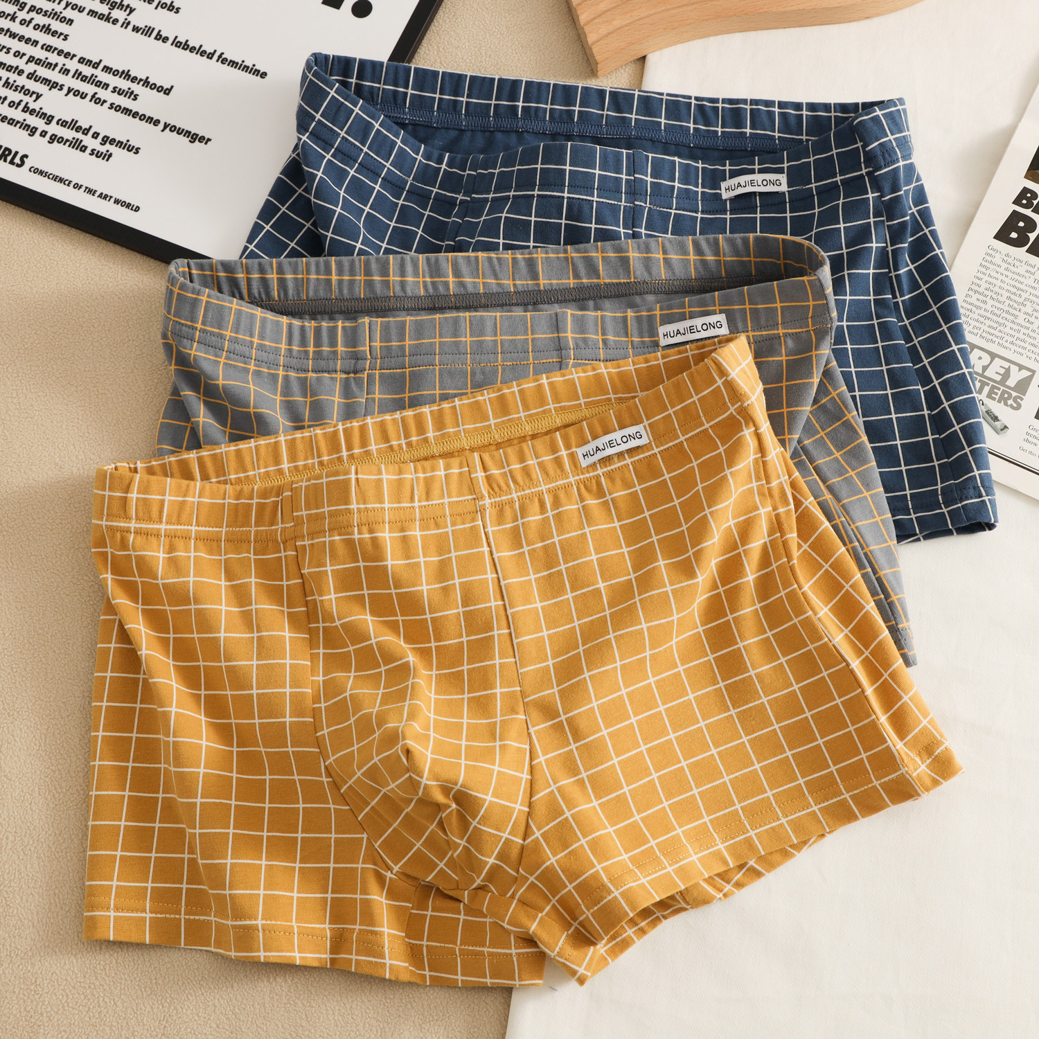 2025新款经典格纹男士内裤纯棉舒适透气中腰男士平角裤短裤四角裤