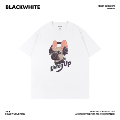 BLACKWHITE法斗戴耳机印花款短袖T恤宽松男女同款街头潮牌上衣Q64