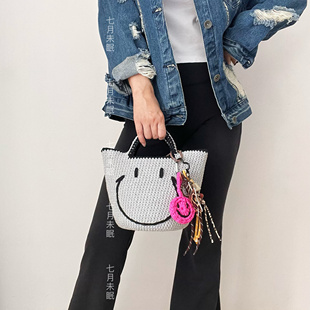 手工编织笑脸斜挎手提包 ins韩风原创百搭Smile灰色小众度假包包