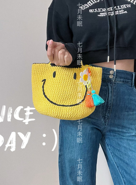 原创设计手工编织可爱黄色笑脸包 手拎包包ins日韩风百搭手提包