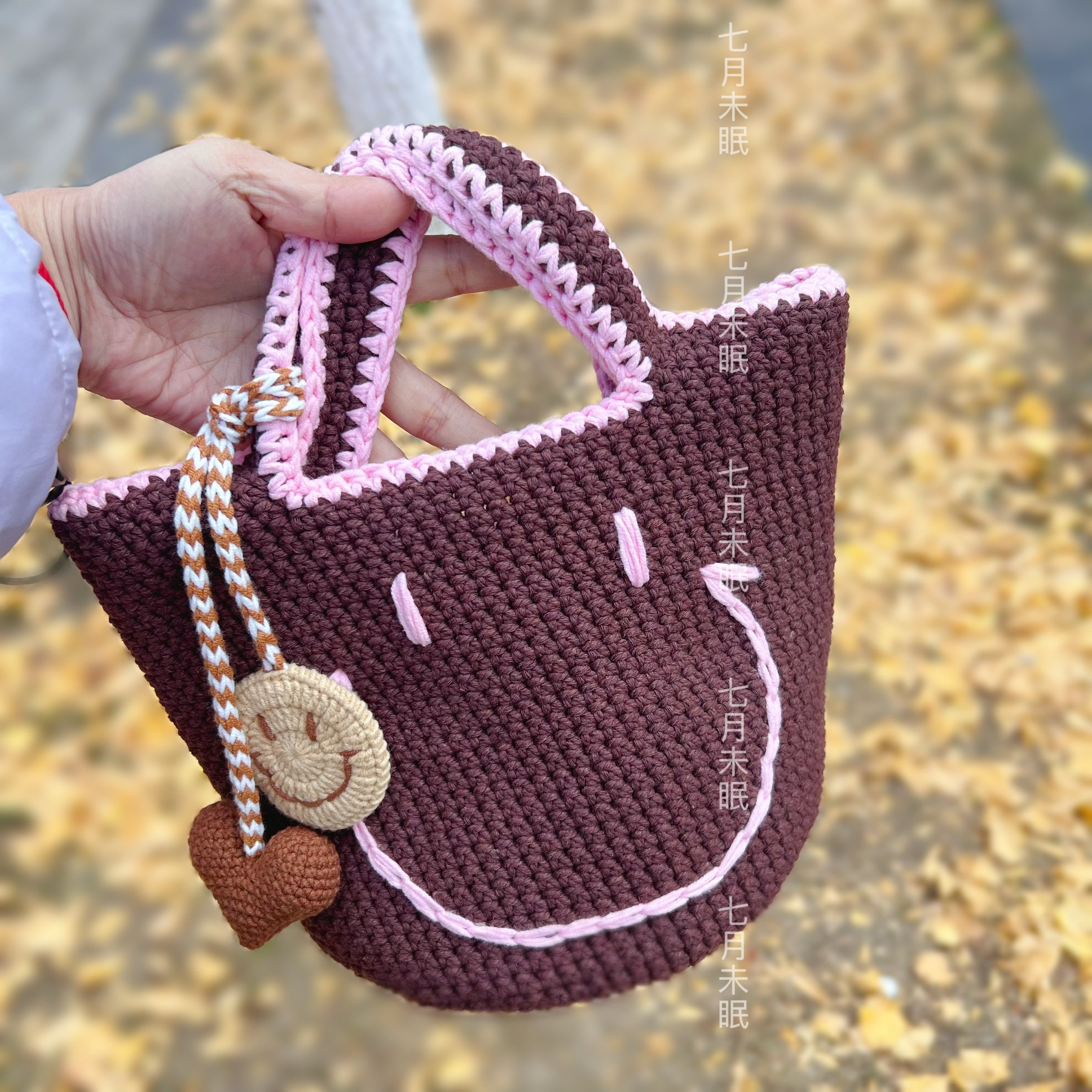 手工Smile笑脸包编织手提包 咖啡色百搭水桶可爱咖粉通勤菜篮子