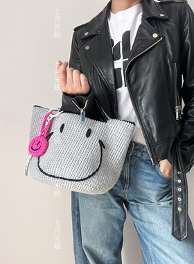 手工编织大号Smile灰色双面笑脸包 斜挎手机包ins日韩手提包通勤