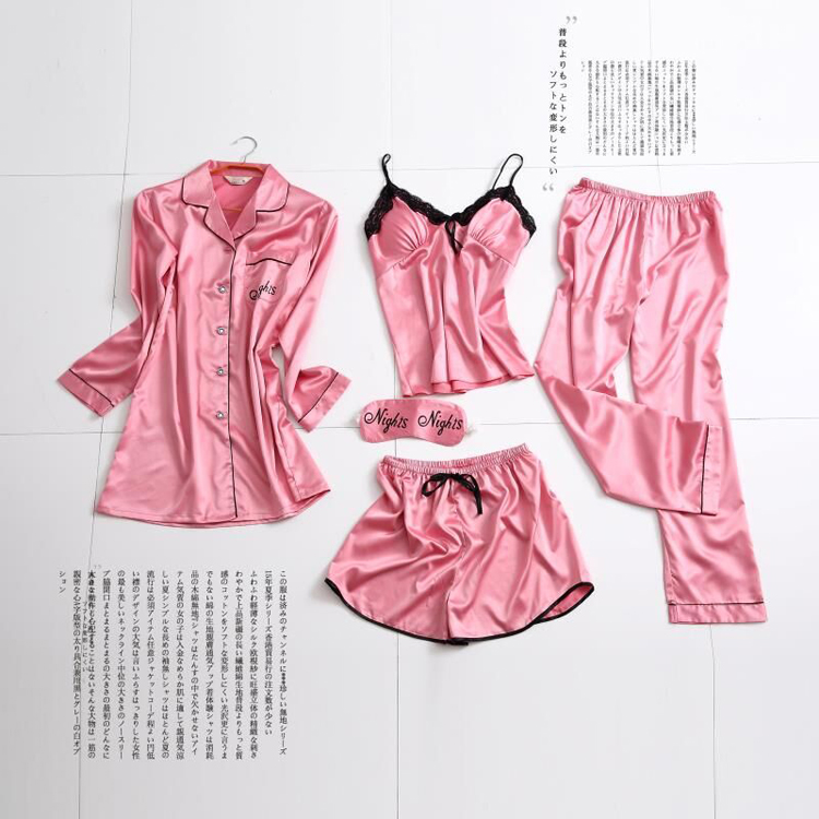 睡衣女 五件套夏季长袖短裤性感吊带胸垫仿真丝绸家居服短袖套装