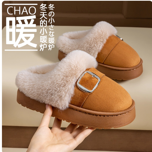 秋冬季女士棉鞋加厚保暖皮带扣复古款棉拖鞋