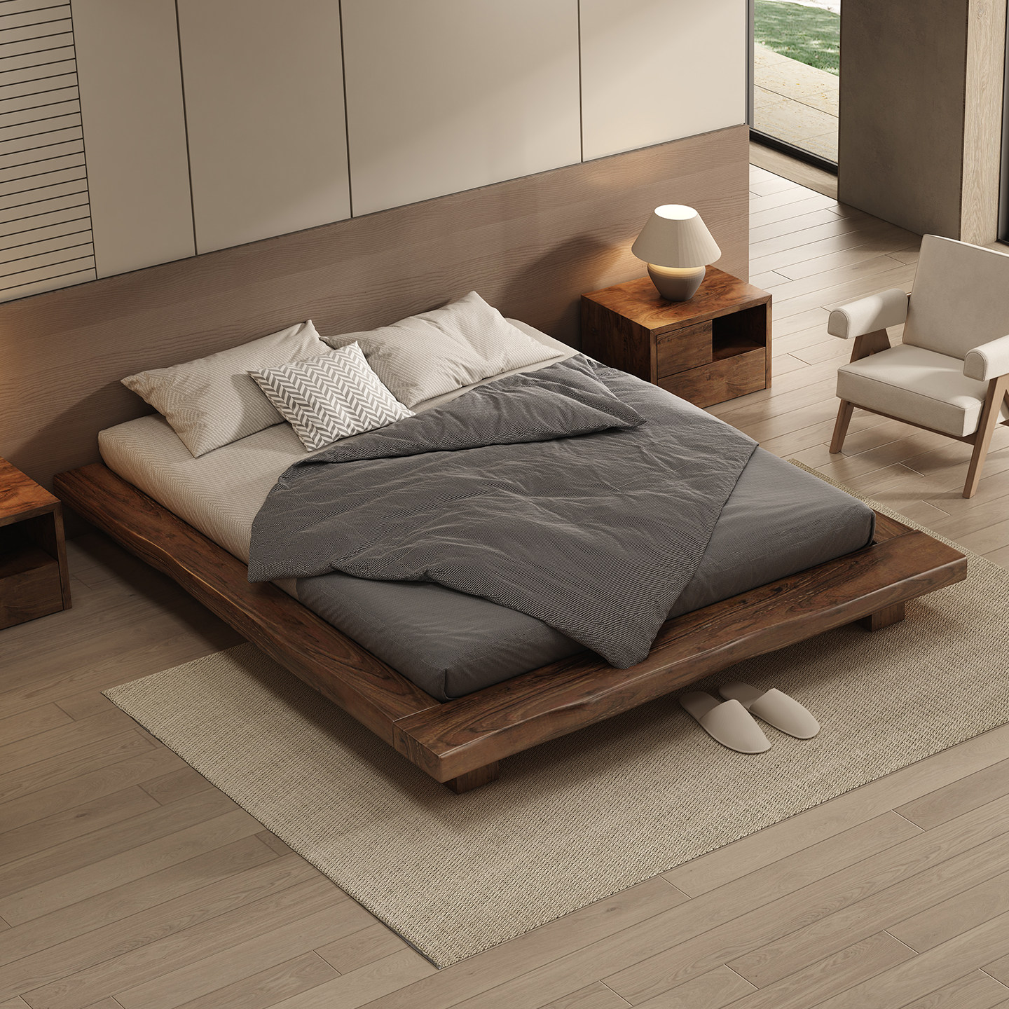 侘寂风无床头床靠1.5床架悬浮床全实木1.8双人主卧民宿酒店榻榻米