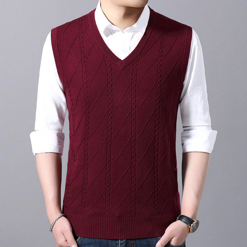 春秋季中老年男士羊毛背心针织衫加厚保暖爸爸装马甲坎肩V领毛衣