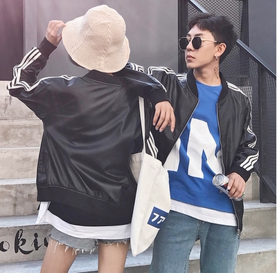 春秋男女机车三条杠条纹皮衣夹克衫棒球服学生外套情侣装帅气潮流