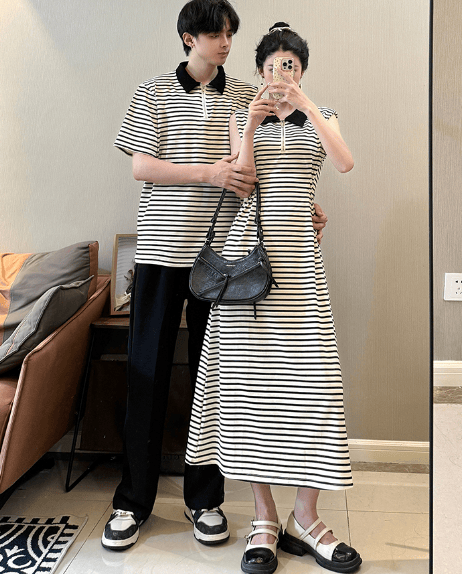 情侣装夏季新款小清新条纹翻领短袖男上衣t恤女连衣裙子度假休闲