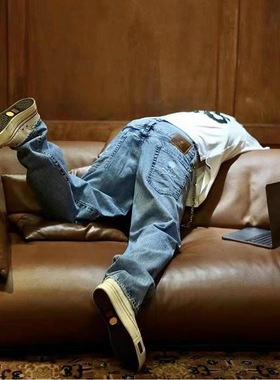 Mastermind暗黑高街水洗做旧破洞骷髅头双裤腰宽松直筒MMJ牛仔裤