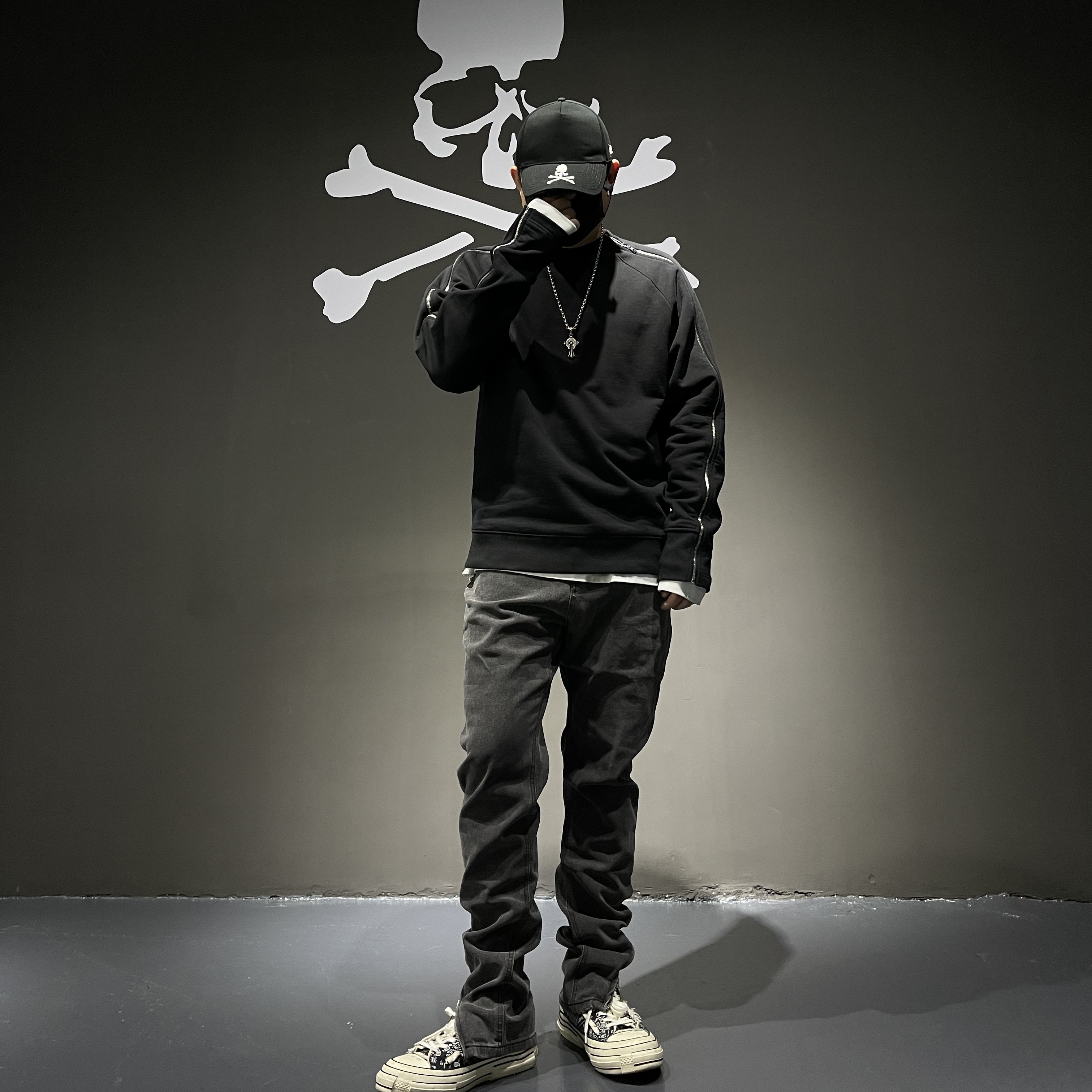 日潮新款MMJ骷髅头刺绣休闲宽松型百搭圆领双拉链套头卫衣男女款