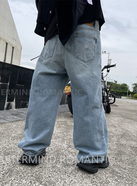 Mastermind暗黑高街水洗直筒阔腿骷髅头刺绣宽松休闲MMJ牛仔裤