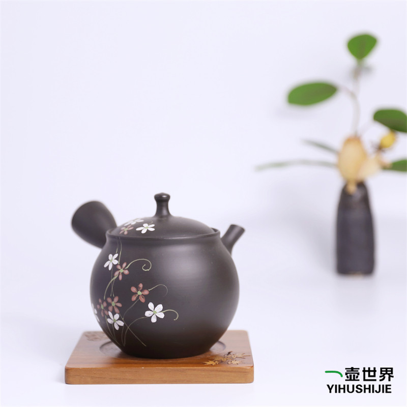日本常滑烧 昭龙朱泥#5黑红小白花290ml纯手工日式紫砂侧把陶茶壶