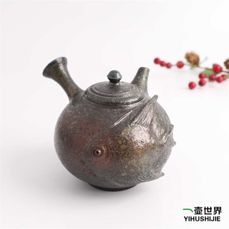 日本常滑烧小西洋平126鱼柴烧310ml纯手工日式紫砂侧把陶茶壶