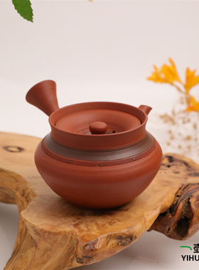 日本常滑烧 圭洋 朱泥 落盖 170ml 纯手工日式紫砂侧把陶茶壶