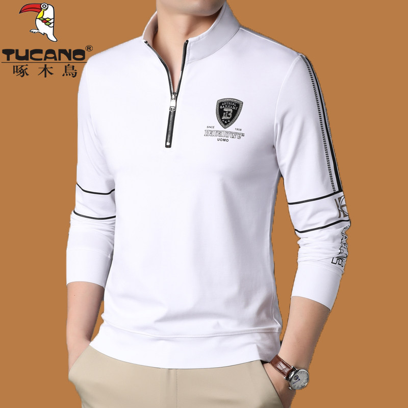 啄木鸟春秋半拉链长袖T恤男立领宽松大码体恤休闲百搭薄款卫衣潮