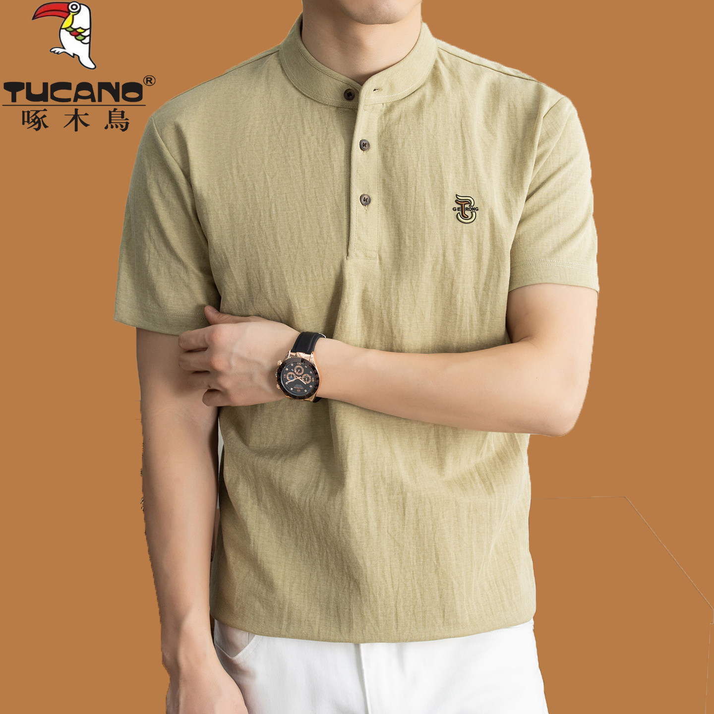 啄木鸟亚麻透气短袖t恤男宽松中式立领POLO衫冰丝薄款刺绣棉麻T恤