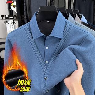 啄木鸟衬衫领毛衣男加绒加厚针织羊毛开衫假两件中年爸爸内搭打底