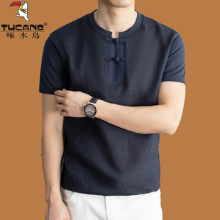 圆领宽松盘扣棉麻半袖 中式 中国风T T恤男夏新款 啄木鸟冰丝亚麻短袖
