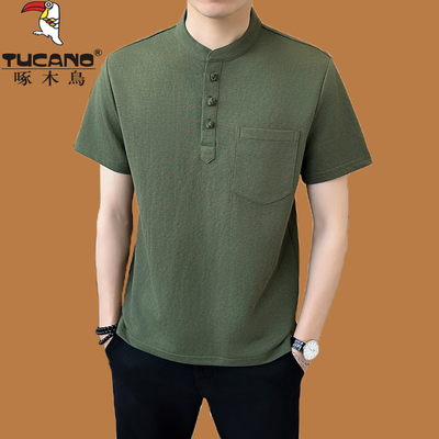 100%正品纯色亚麻短袖T恤男大码