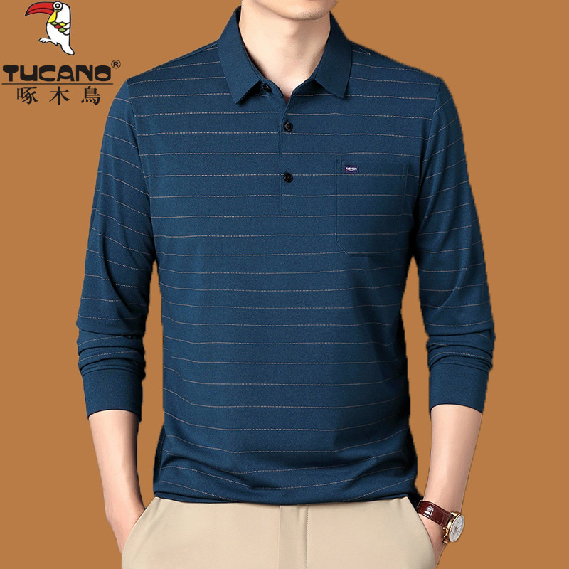 啄木鸟2026新款春秋长袖T恤男款翻领带口袋POLO衫宽松条纹爸爸装