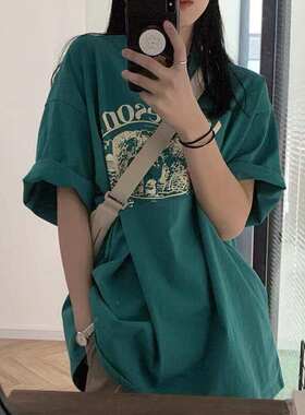 潮牌墨绿色短袖T恤女夏季