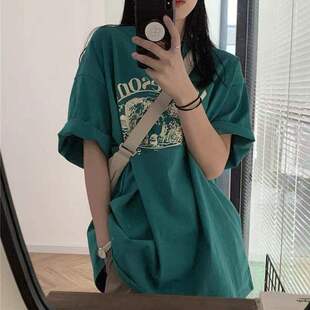 潮牌墨绿色短袖T恤女夏季新款韩版宽松五分半袖ins原宿bf风上衣潮