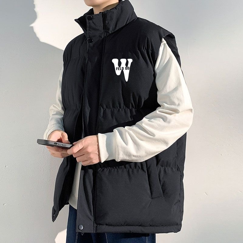 美式秋冬款加厚立领印花棉服马甲背心男女复古休闲潮牌加棉外套潮