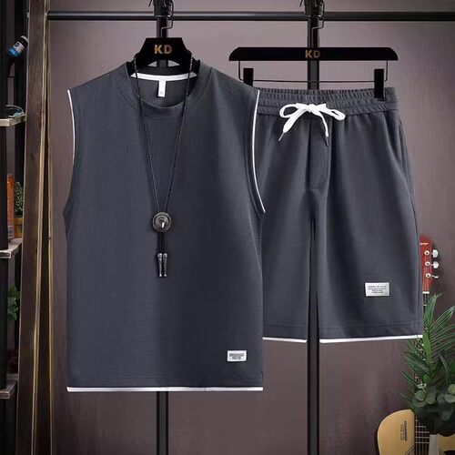 苏鹏服饰华夫格套装男士夏季潮牌宽松无袖T恤背心短裤休闲冰丝.