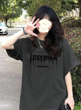 正肩T恤女短袖夏季纯棉2026新款港味chic美式上衣深灰色半袖夏装
