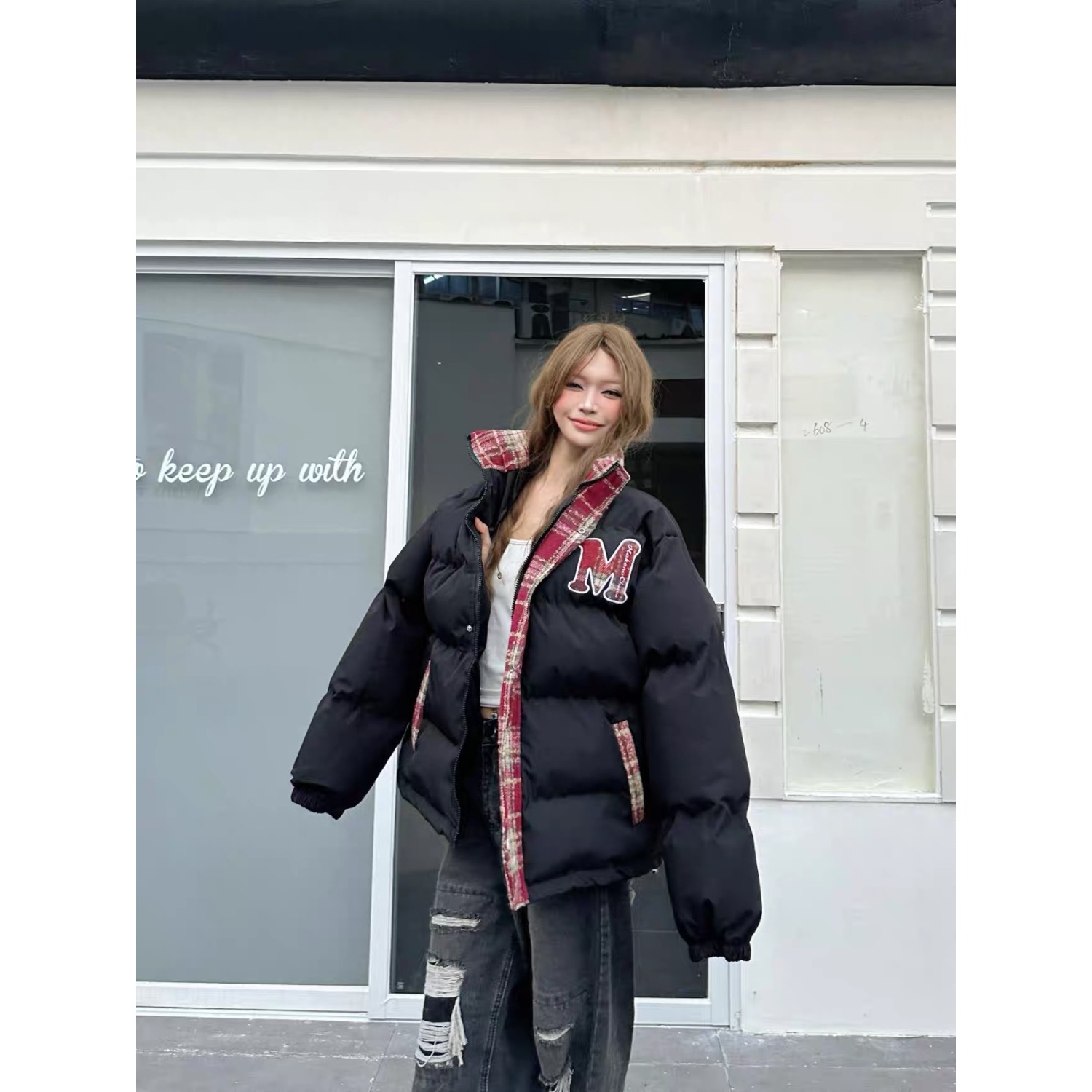 美式高街拼接格子羽绒棉