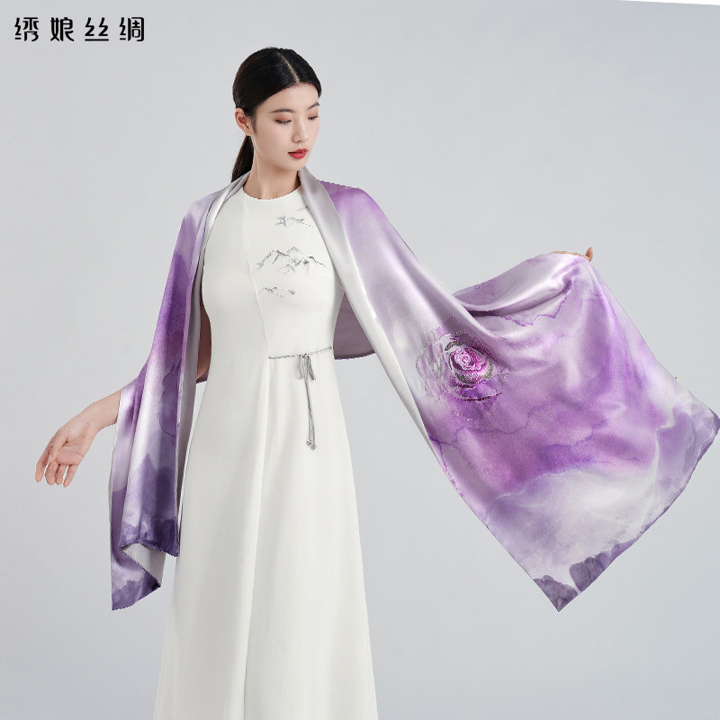 绣娘丝绸新款真丝披肩女外搭高级100%桑蚕丝丝巾手工中式刺绣围巾