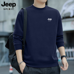 t恤打底衫 圆领长袖 上衣 加绒加厚款 jeep吉普中年重磅卫衣男秋冬季
