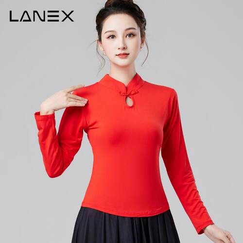 广场舞跳舞衣服纯色长袖莫代尔红色上衣妈妈古典舞舞服大妈演出服